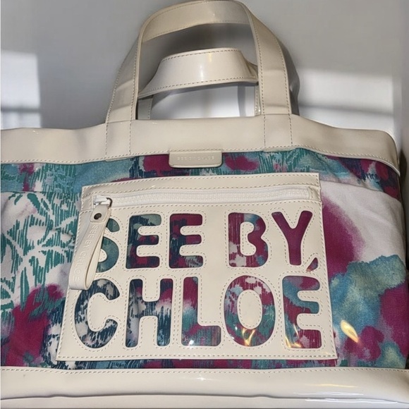 See By Chloe Multicolor Tote Bag PVC LEATHER FABRIC Floral Spring Summer Travel - Picture 5 of 12